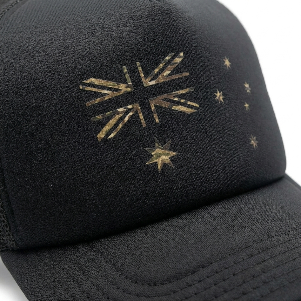 Patriot Caps Multicam Australian Flag Trucker Cap – Black – Macro Detail